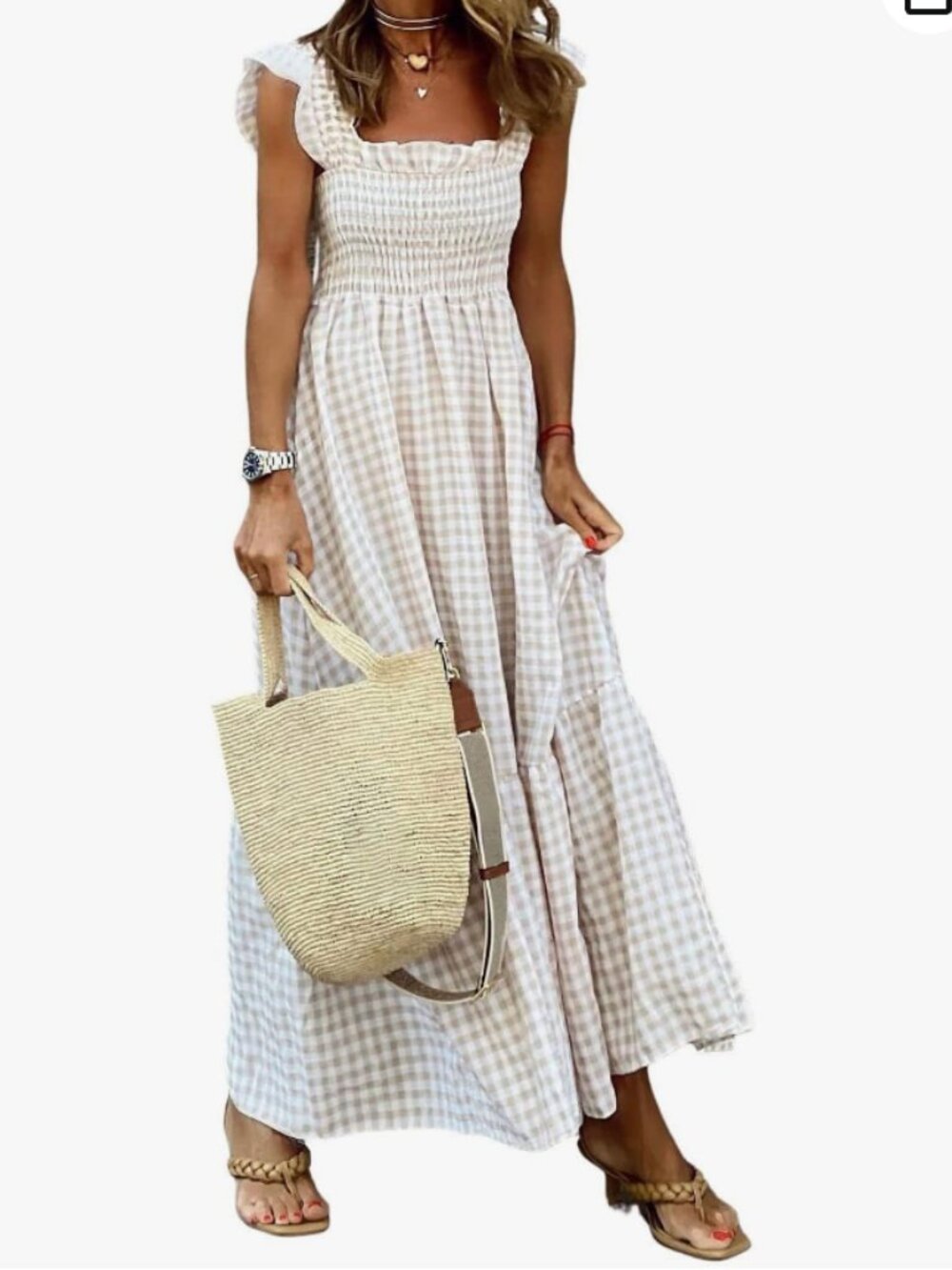 Smocked Gingham Ruffle Maxi Dress with Pockets